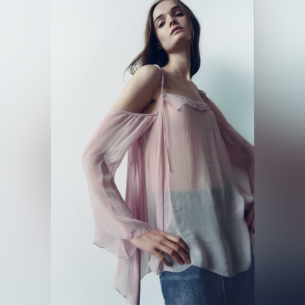 NWT ZARA SEMI-SHEER DUSTY PINK VOLUMINOUS BLOUSE M-L